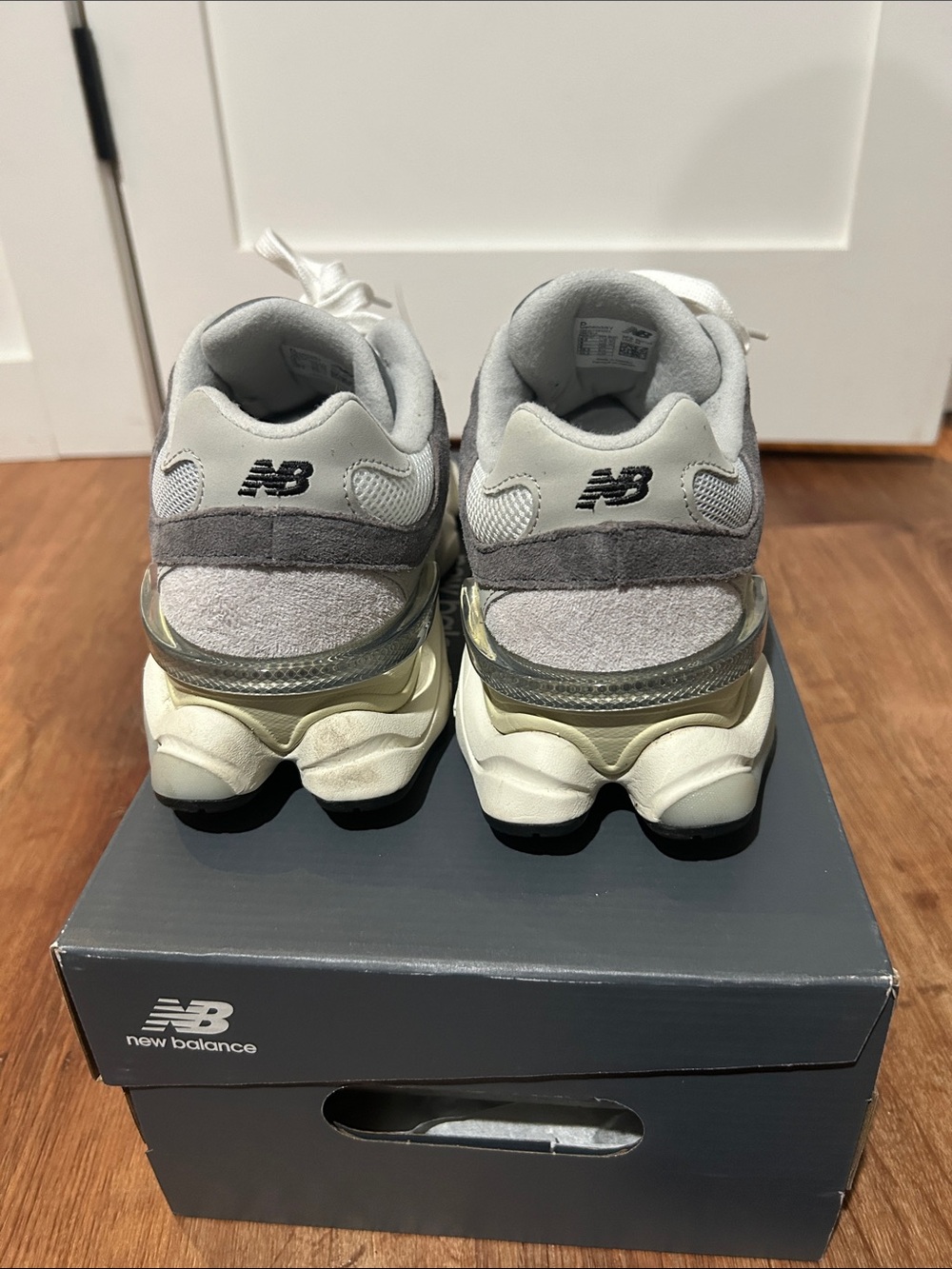 New Balance 9060 Gray & Cream Mesh Suede Sneakers - Picture 5 of 7